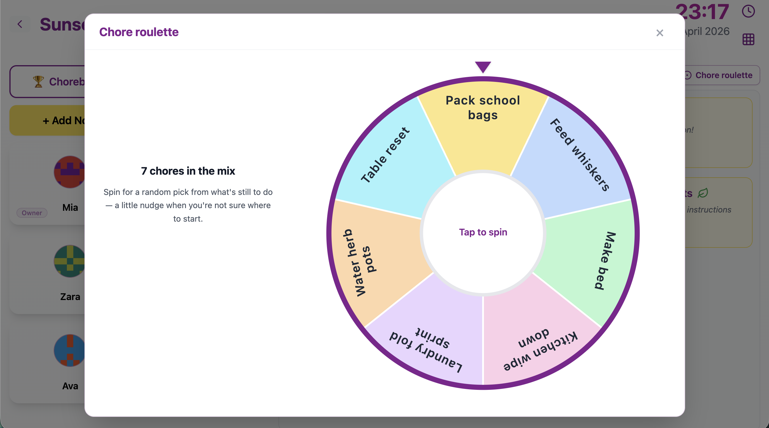 Chorish Chore roulette with seven pastel segments and Tap to spin in the hub