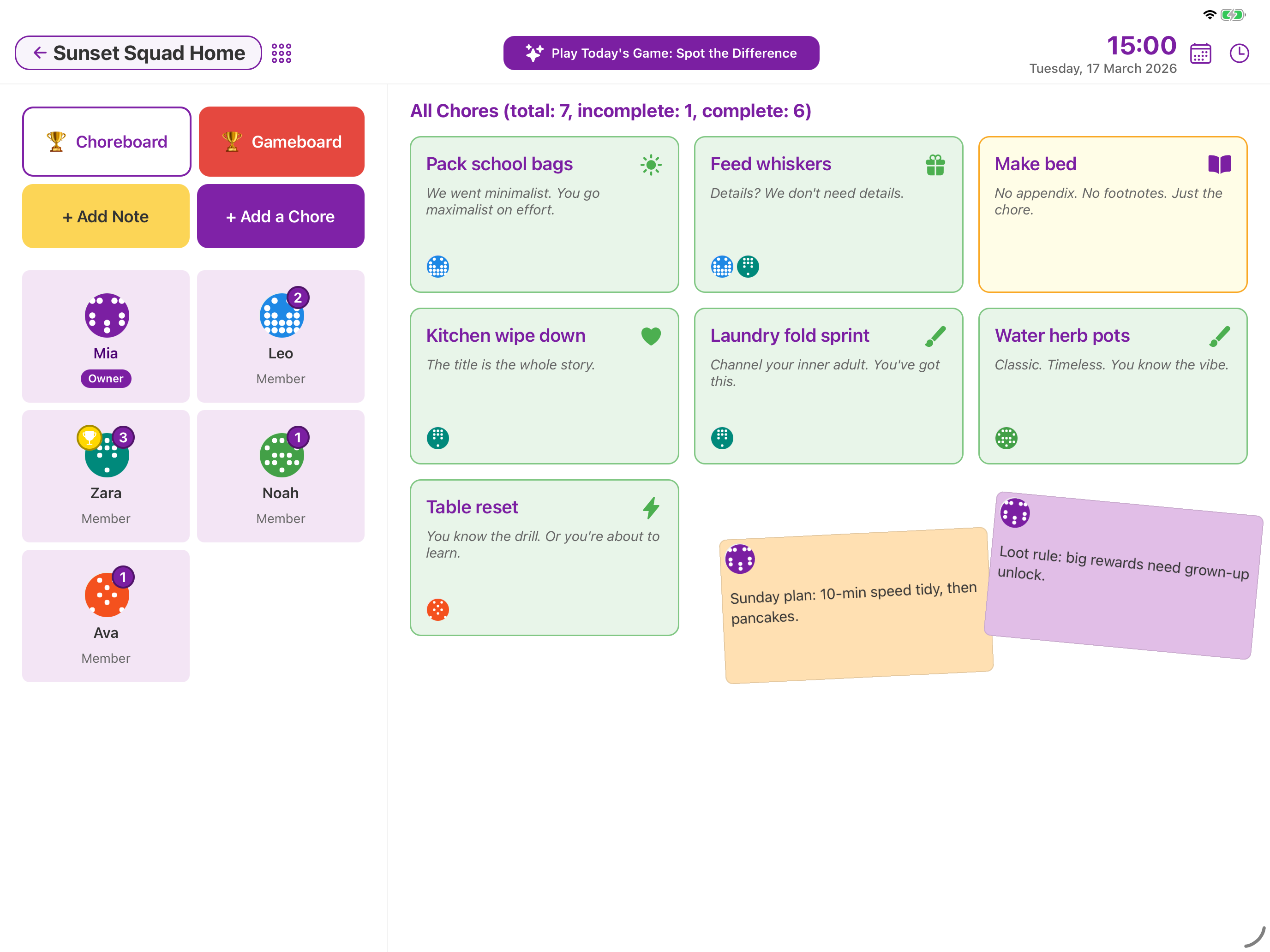 Chorish on iPad: main dashboard with chores, members, and room for the whole household at a glance