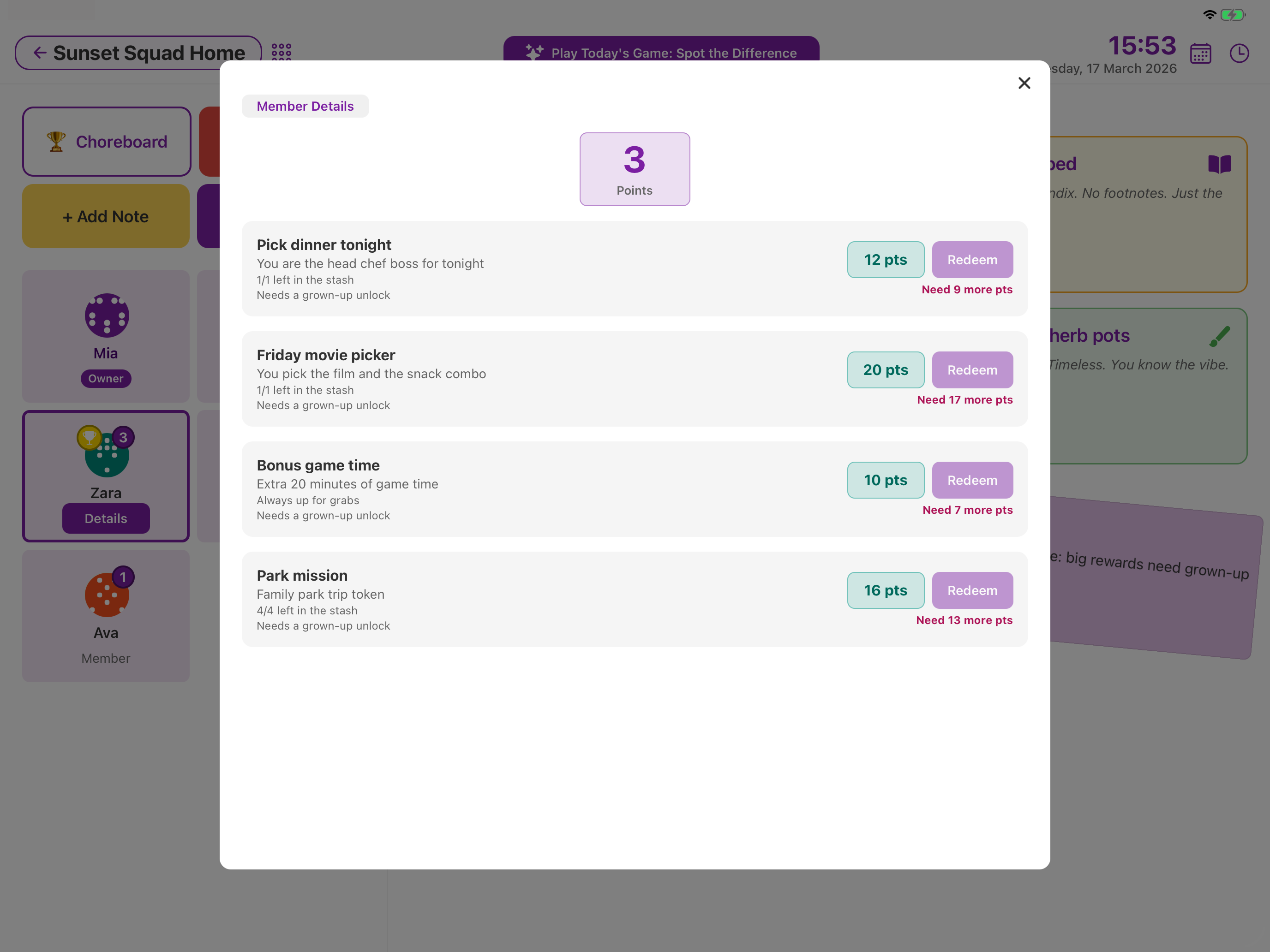 Chorish on iPad rewards: points, claims, and treats your household has set up