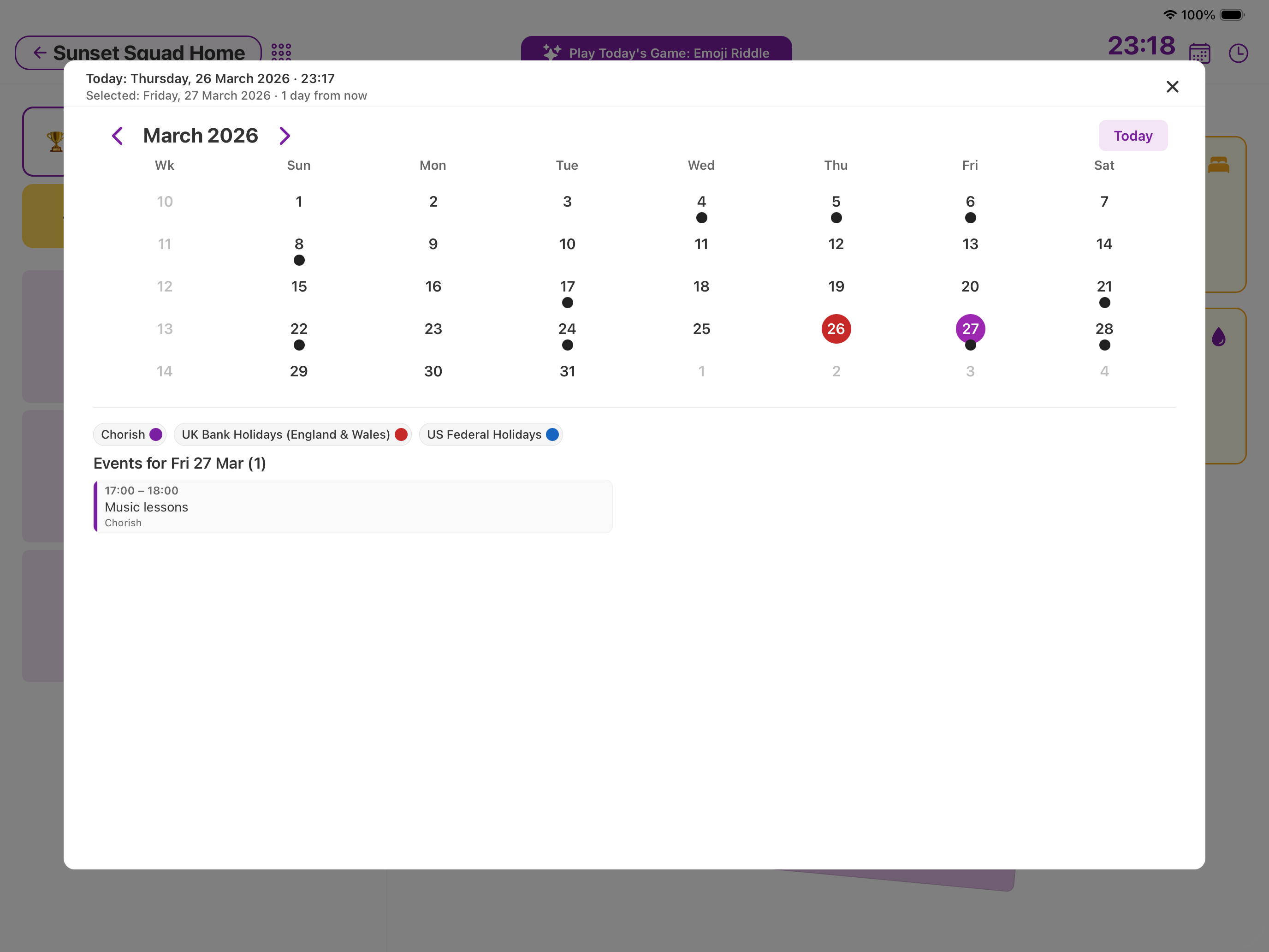 Chorish on iPad calendar: month and day view next to household chores