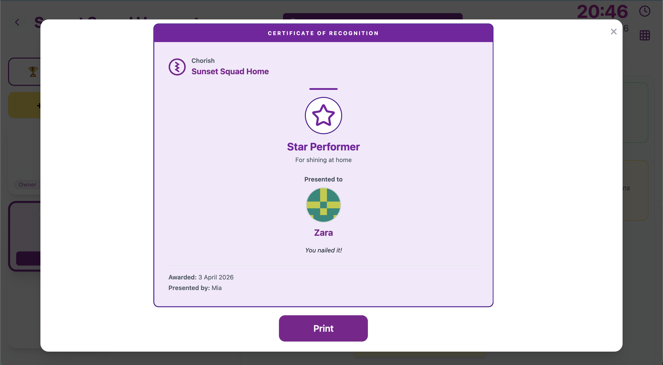 Full certificate of recognition preview in Chorish