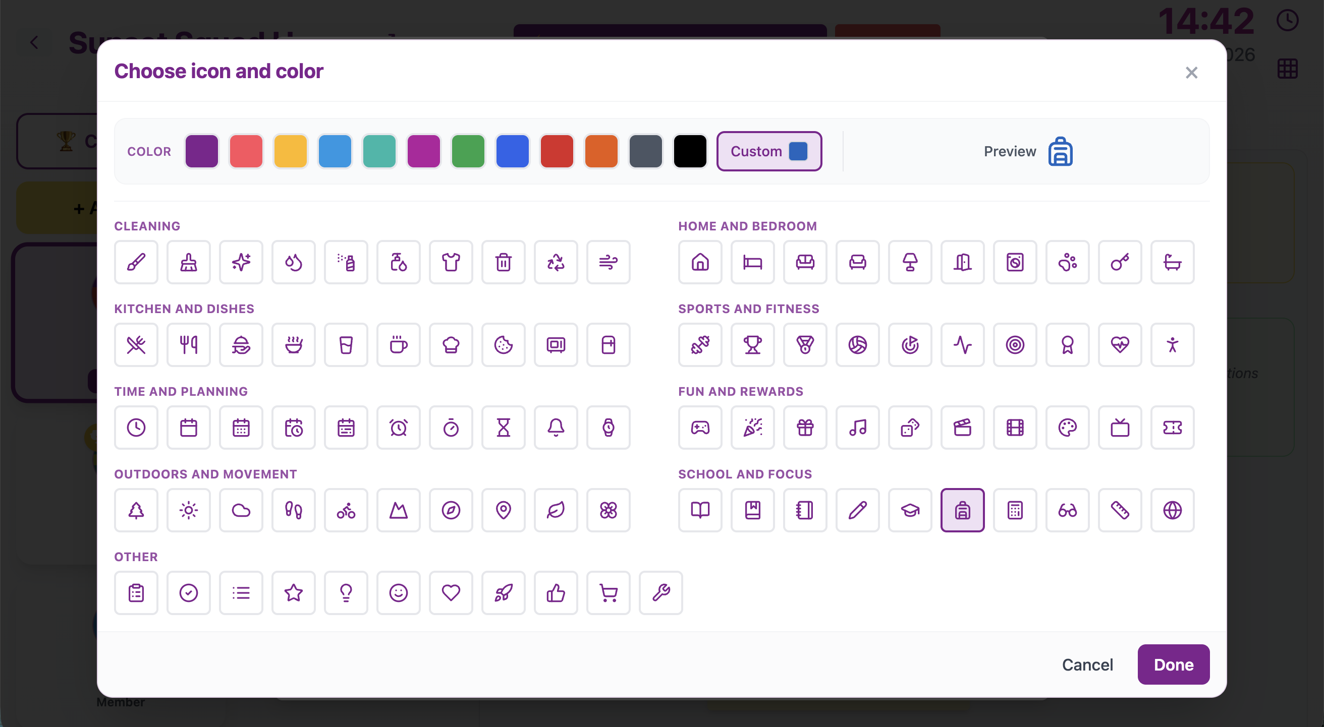 Chorish “Choose icon and color” dialog: themed icon groups, color presets, and live preview