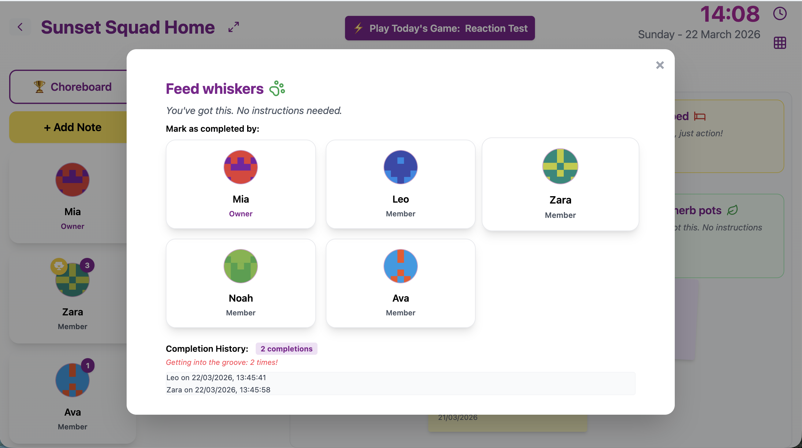 Chorish screen to choose a chore and mark it complete after tapping your avatar
