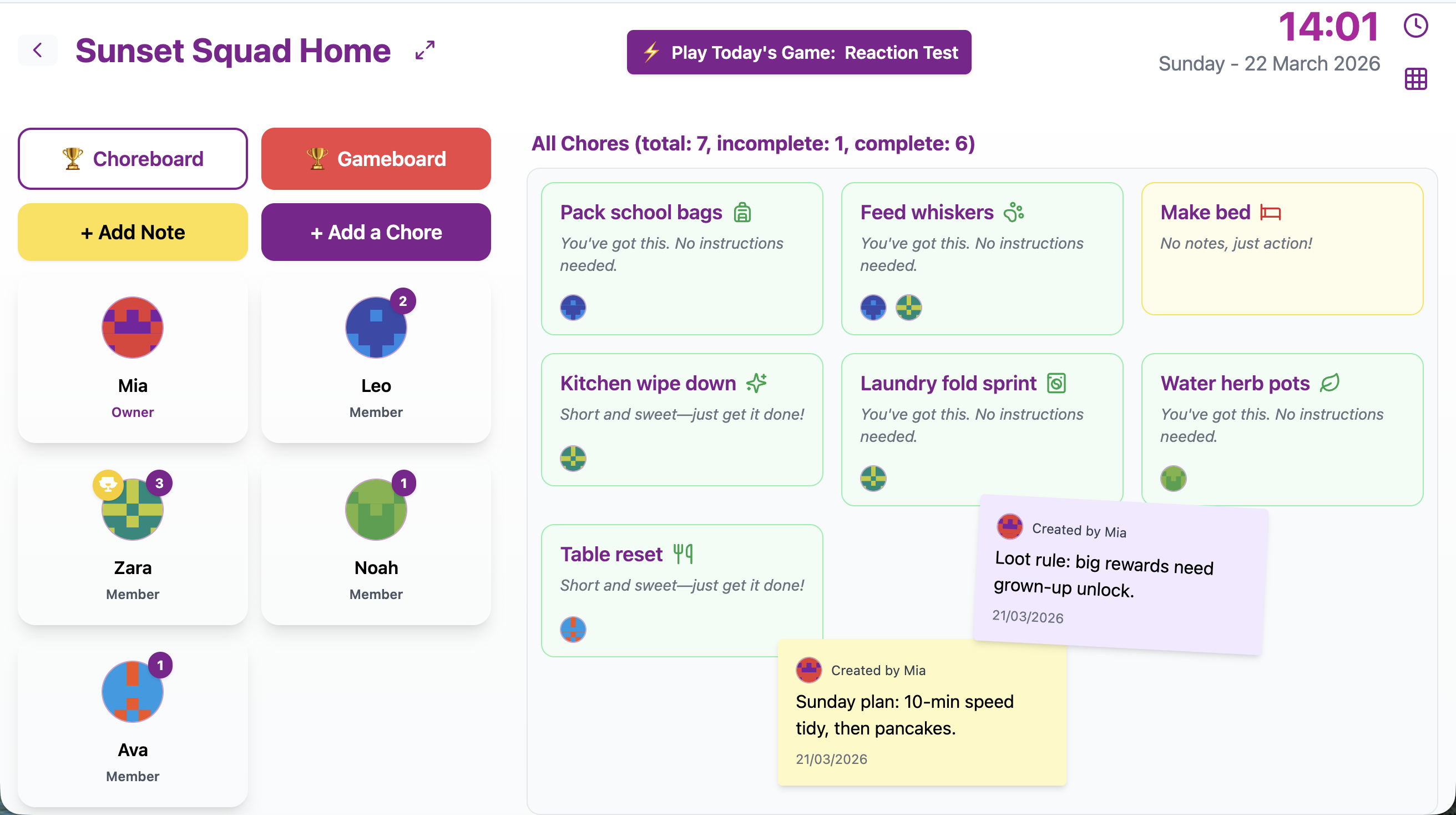 Chorish home screen: chore list with icons, sticky notes, and member avatars along the side