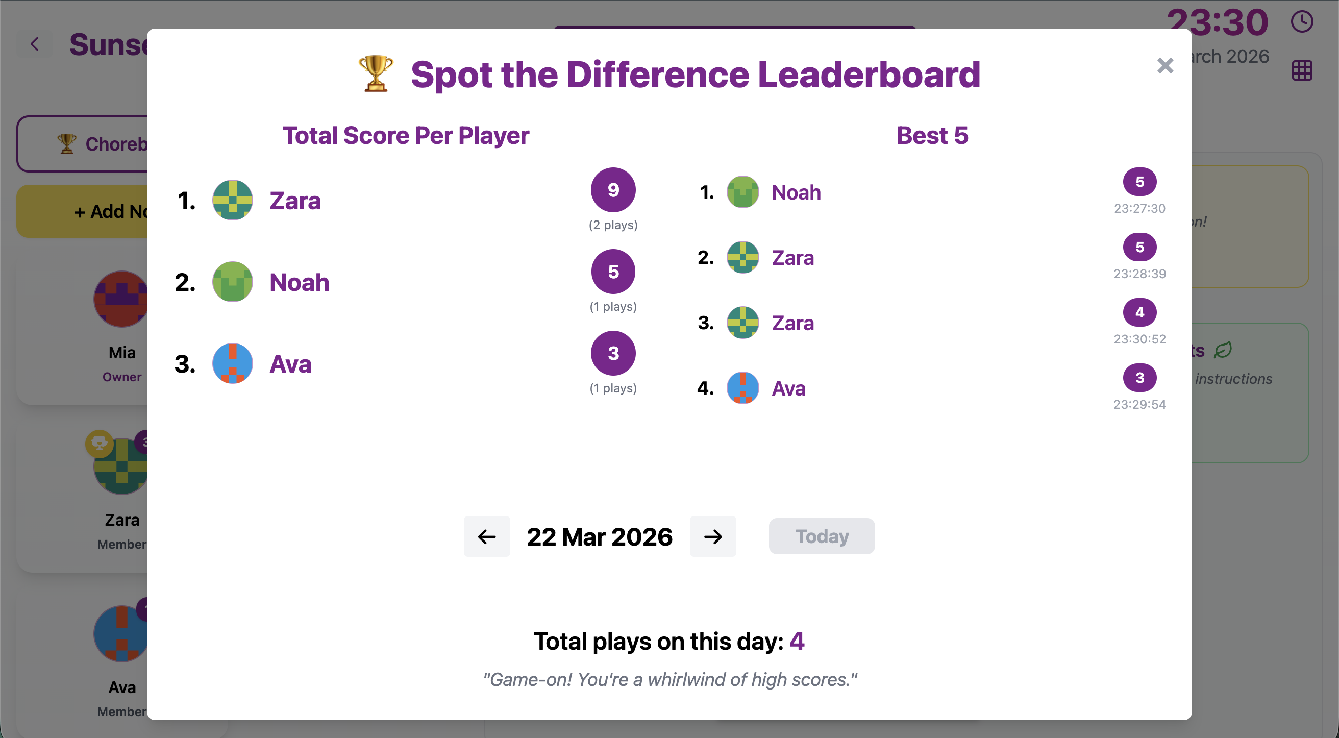 Chorish game leaderboard: scores and rankings for each mini-game, separate from chore totals