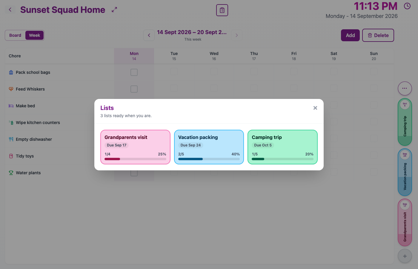 Lists overview showing Grandparents visit, Vacation packing, and Camping trip with progress