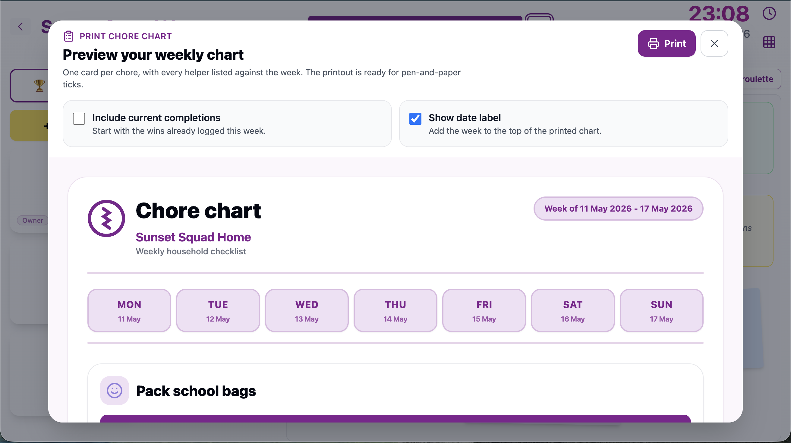 Chorish printable chore chart preview with options for current completions and date label